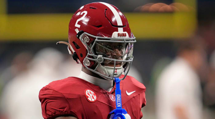 Dec 2, 2023; Atlanta, GA, USA; Alabama Crimson Tide defensive back Caleb Downs (2) practices before the SEC Championship game against the Georgia Bulldogs at Mercedes-Benz Stadium.